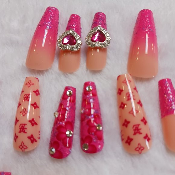 Pink Crystal Embellished Press-On Nails – 24 Piece Set with Logos - Picture 1 of 7